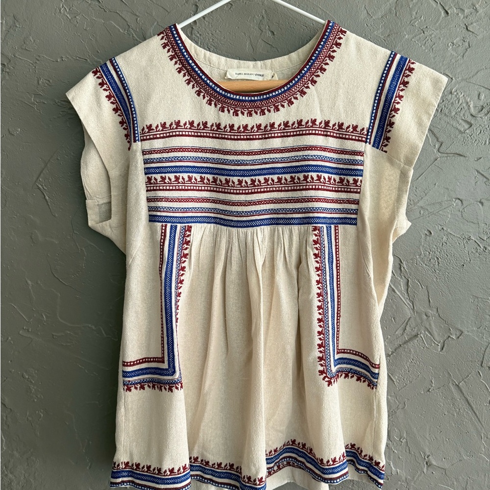 Iconic Isabel Marant Cream Embroidered Boho Top with Blue & Red Accents